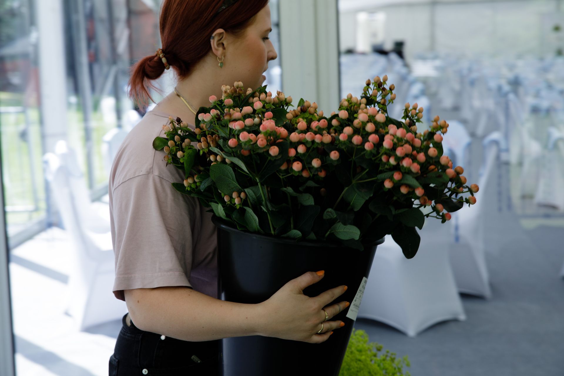 Blomsterdekorasjon i potte i selskapstelt